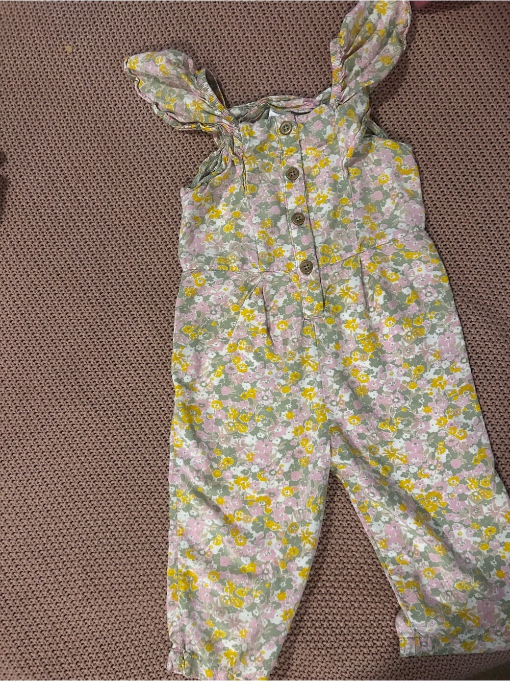 Carter’s Girls Floral Jumpsuit 3T Pink Yellow Green Ruffle Strap Button Front